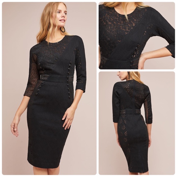 Anthropologie Byron Lars NWT Bettine Column Black Lace 3/4 Sleeves Sheath Dress - Picture 9 of 9
